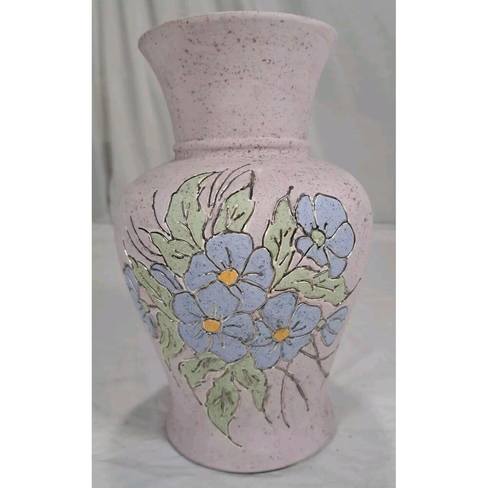 Studio Pottery Vase Cottagecore Matte Glaze Handmade Floral Blue Flowers Pink